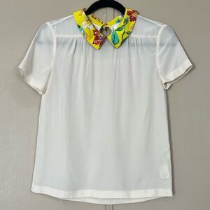 Kate Spade 100% Silk Sleeveless Top Blouse Size 0 Collared Floral Ivory Casual